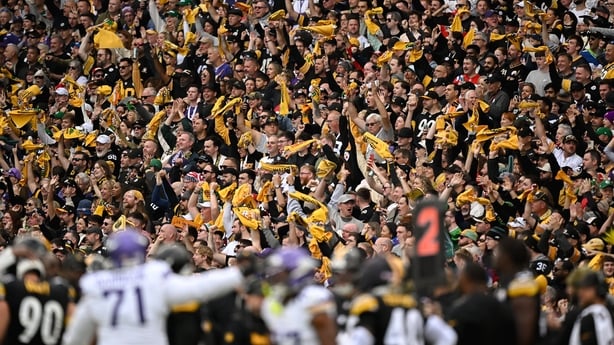 28 September 2025; Pittsburgh Steelers supporters during the 2025 NFL International Game between the Pittsburgh Steelers and the Minnesota Vikings at Croke Park in Dublin. Photo by Seb Daly/Sportsfile