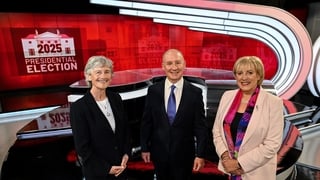 Presidential candidates, from left, Independent candidate Catherine Connolly, Jim Gavin of Fianna Fáil and Heather Humphreys of Fine Gael at the first televised debate