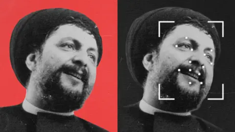 BBC Two identical images of Musa al-Sadr, both black and white but one with a red background and one showing photo identification tracking points. 