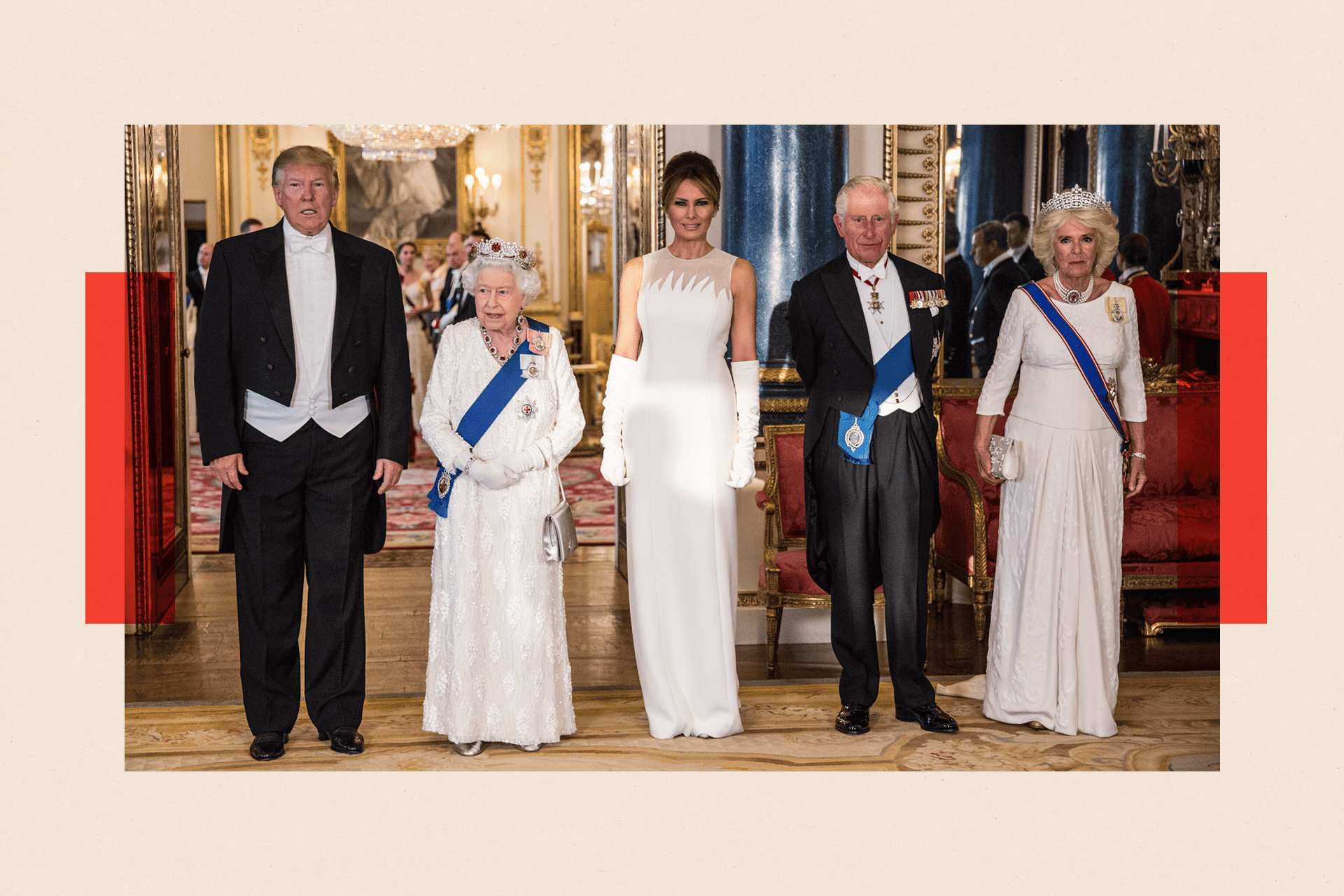 President Donald Trump (far left), Queen Elizabeth II, First Lady Melania Trump, Prince Charles Prince of Wales and Camilla Duchess of Cornwall attend a State Banquet at Buckingham Palace on June 3, 2019 in London