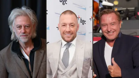 BBC/Getty Images/PA Media A compilation image of Bob Geldof, Conor McGregor and Michael Flatley. Bob wears a brown jacket over a black fleece and white t-shirt. He has white, shaggy hair. Conor wears a light grey suit and waistcoat with a white shirt and grey tie. Michael wears a navy blazer over a white t-shirt.