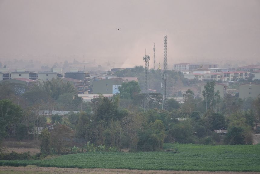 The KK Park scam center complex in Myanmar's southeastern town of Myawaddy, seen from the border with Thailand, in February 2025.