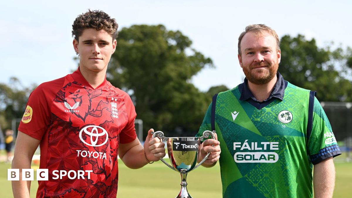 England captain Jacob Bethell and Ireland counterpart Paul Stirling pose with the series trophy for their T20 international series