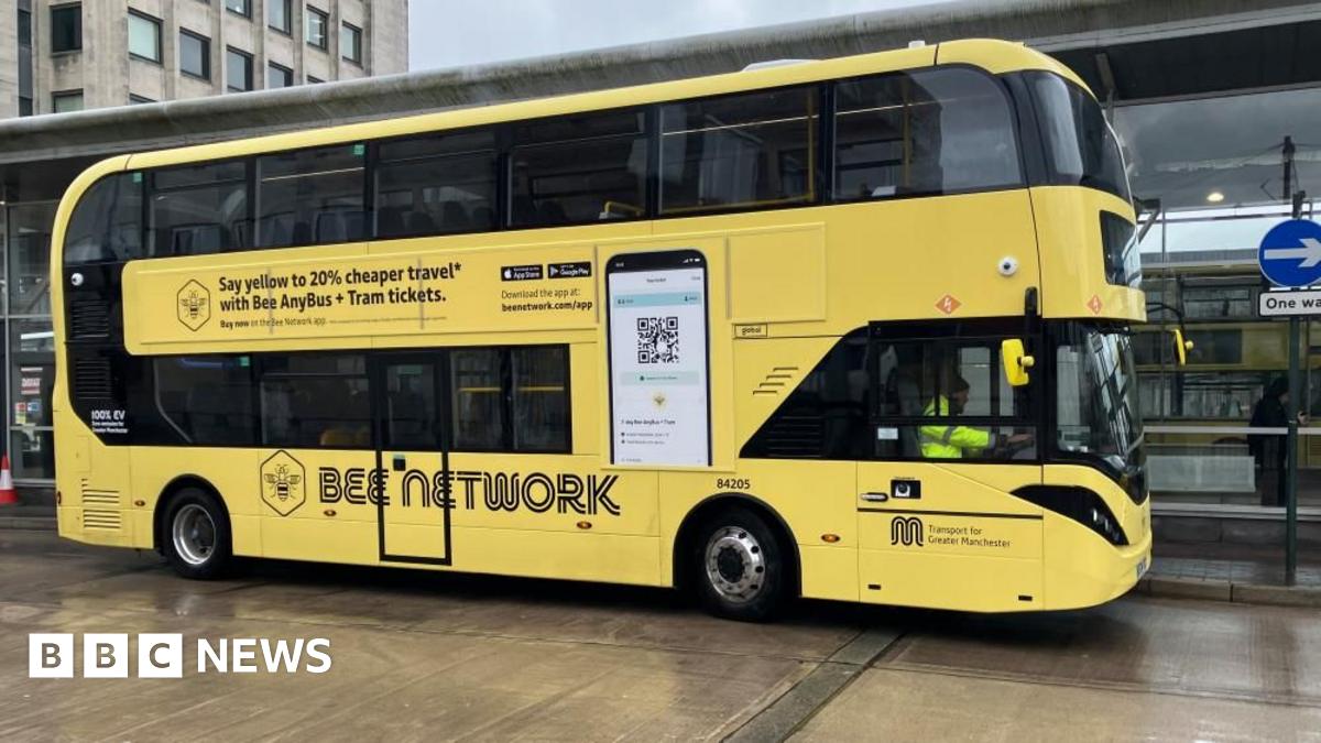 A yellow double-decker bus has the work 'Bee Network' written on the side.