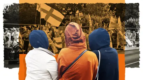 BBC Composite image: Three women with hoods on in the foreground with their backs to the camera. In the background is a crowd behind barricades, with England flags visible at a public demonstration