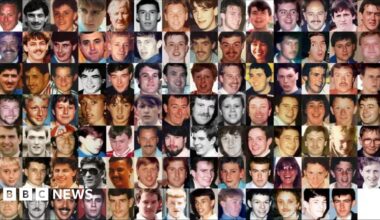 Photographic montage of all 97 Liverpool fans who were fatally injured in the 15 April 1989 Hillsborough Disaster.