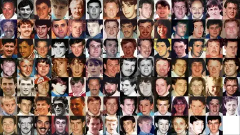 BBC Photographic montage of all 97 Liverpool fans who were fatally injured in the 15 April 1989 Hillsborough Disaster.