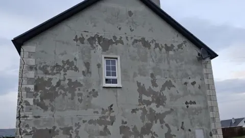 Karen Cullen A side profile of a grey house with a number of visible cracks and marks in the wall. 