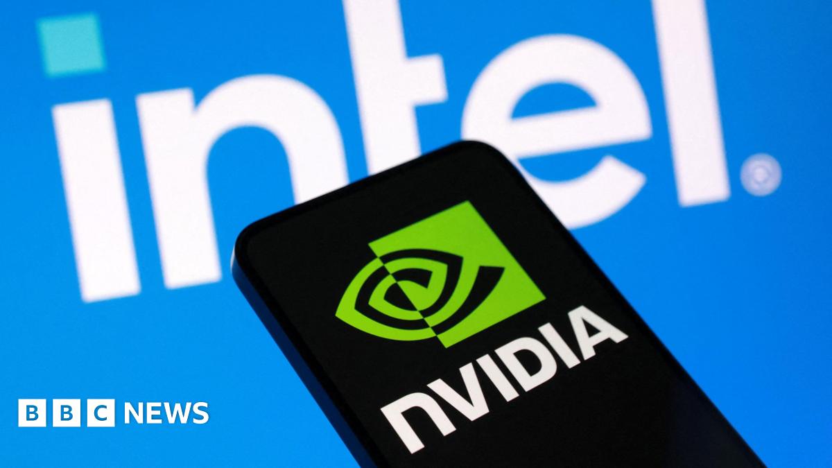 The Nvidia green logo appears on a phone screen, in from of the Intel blue logo.