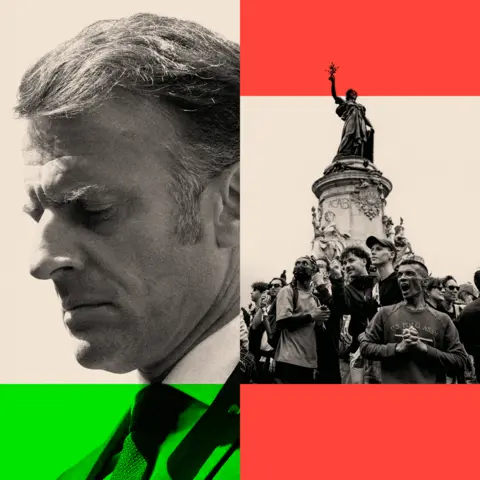 BBC Two edited images of Emmanuel Macron and people taking part in a demonstration at the Place de la Republique square