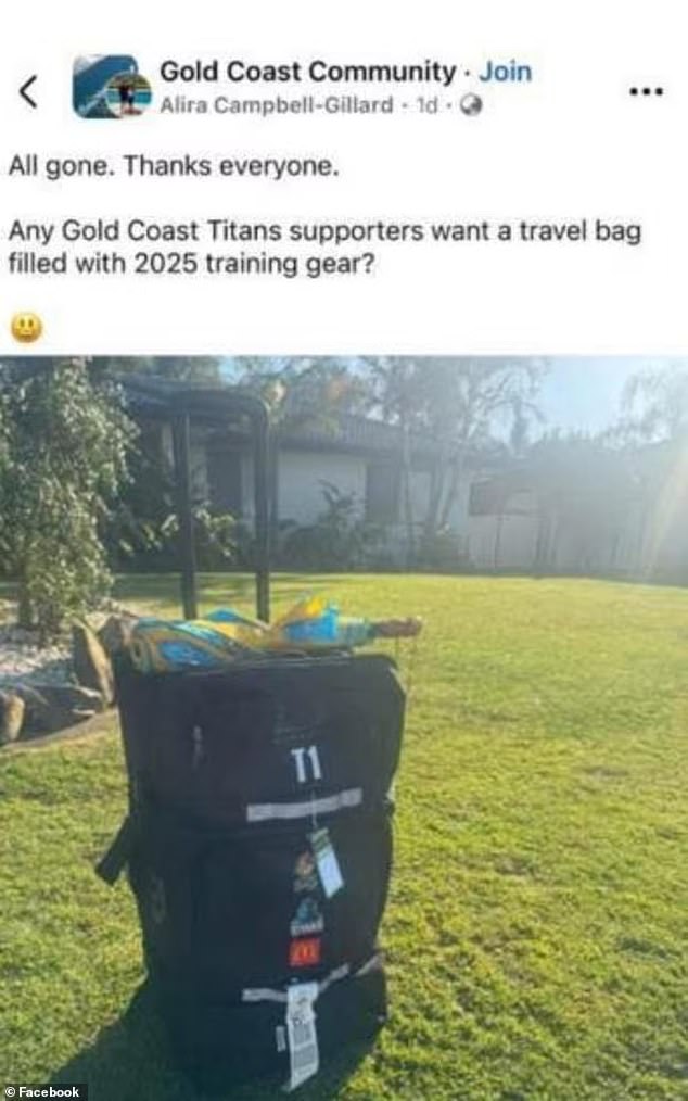 Among the posts of furniture and homewares up for grabs on a Gold Coast community Facebook page was Campbell-Gillard's Titans travel bag packed with training gear (pictured)