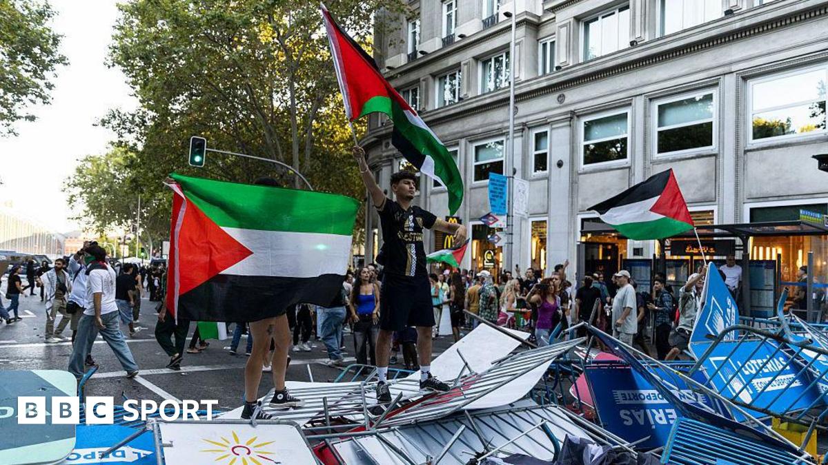 Pro-Palestinian protesters standing on top of upturned barriers and holding flags