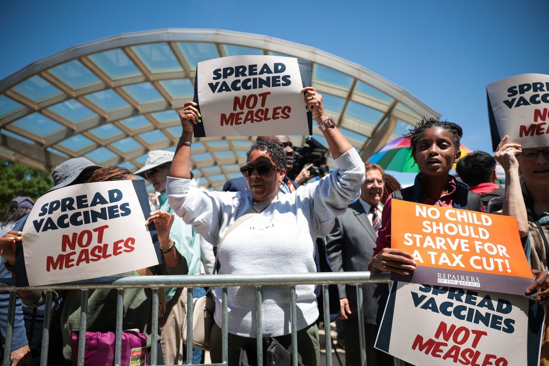 Demonstrators rally against the Trump administration's health care policies in front of the National Institutes of Health in Bethesda, Maryland, on May 10.