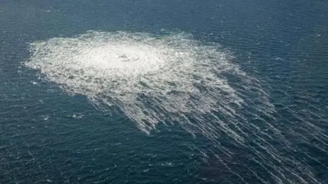 Danish Defence handout Danish Defense shows the gas leaking at Nord Stream 2 seen from the Danish F-16 interceptor on Bornholm, Denmark on September 27, 2022