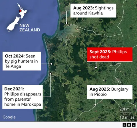 Map of a region in New Zealand showing key events related to Tom Phillips, including disappearance in Marokopa (Dec 2021), sightings in Kawhia (Aug 2023), encounter in Te Anga (Oct 2024), burglary in Piopio (Aug 2025), and fatal shooting (Sept 2025). The satellite image shows the area is green and mountainous