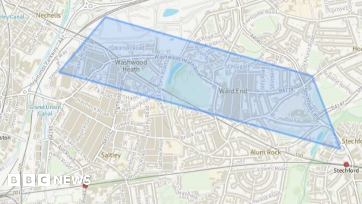 A map of an urban area, with a large area at the top of the map highlighted in blue. The words Washwood Heath and Ward End can be seen under the highlighted area