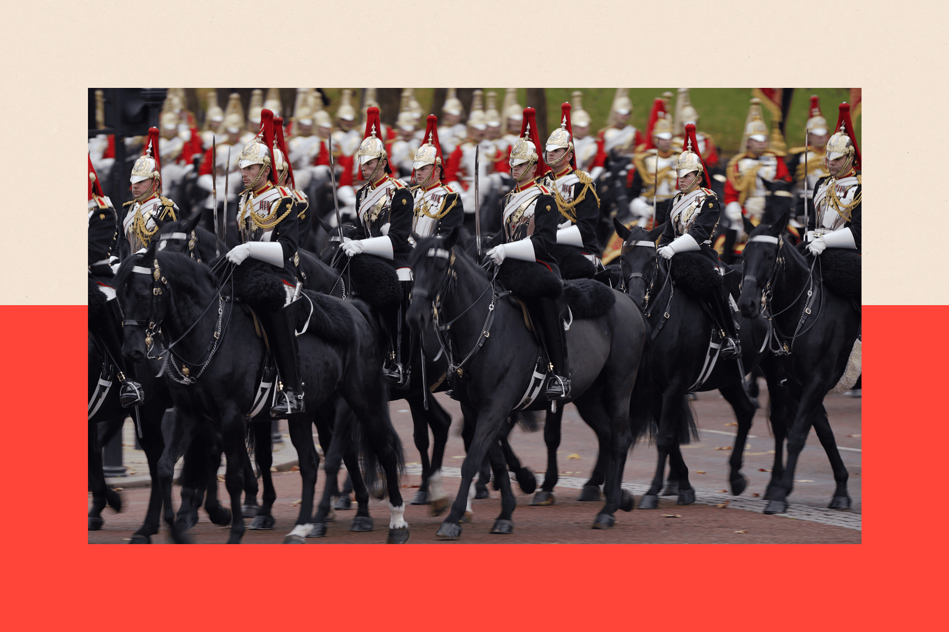 Members of the Mounted Household Cavalry gather on The Mall ahead of the Ceremonial Welcome for President of South Korea, 2023 in London
