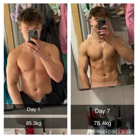 Nat Walney Two images of Nat Walney side by side. The left shows him posing infront of the camera with the caption Day 1, he appears heavier in weight than he does on the second picture, on the right, where he appears thinner and more muscular. The caption on the second image reads Day 7.