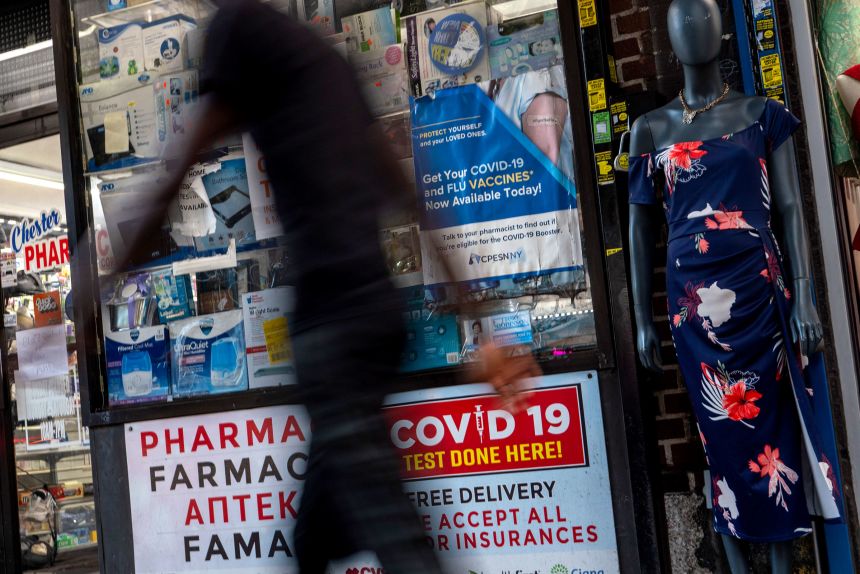A pharmacy in the Brooklyn borough of New York advertises Covid-19 testing and vaccine does on September 4.