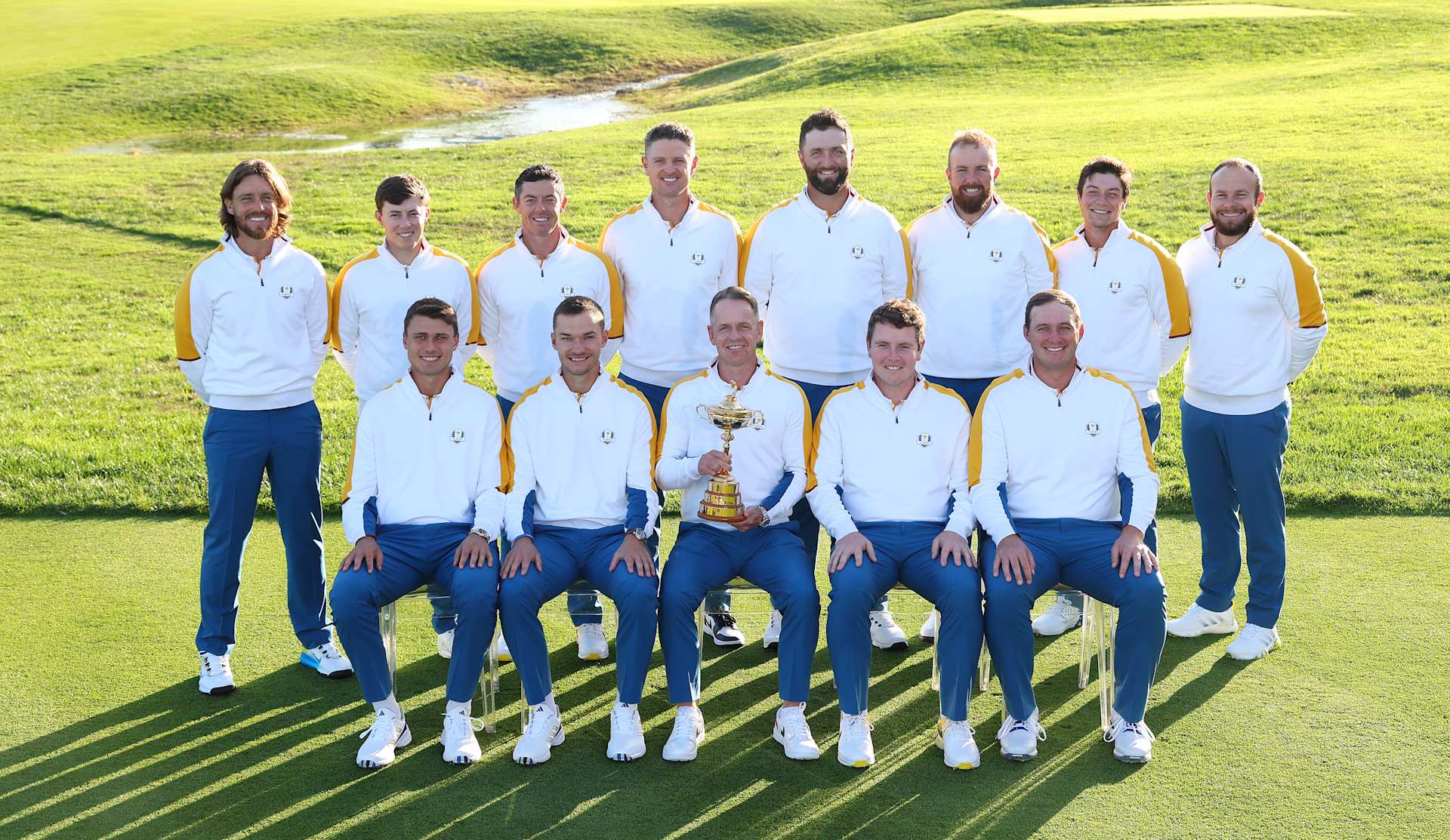 ROME, ITALY - SEPTEMBER 26: Team Europe pose during the European Team Portraits at the 2023 Ryder Cup at Marco Simone Golf Club on September 26, 2023 in Rome, Italy. (Photo by Andrew Redington/Getty Images)