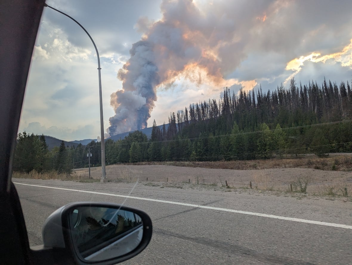 A wildfire is seen burning from a car window.