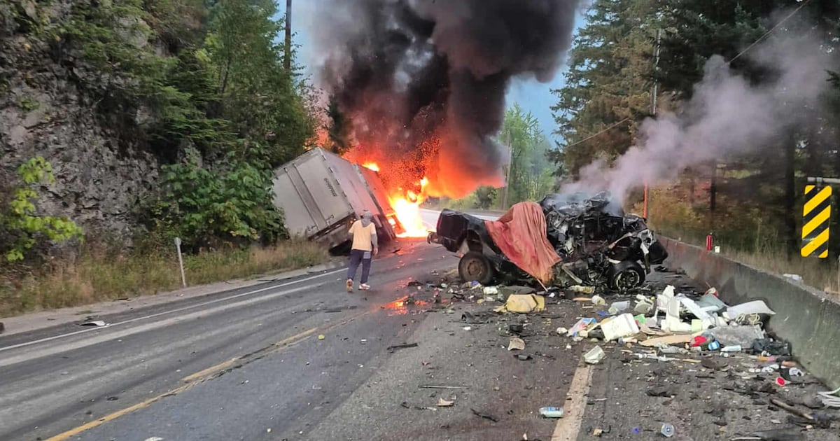 Fiery crash closes Highway 1 south of Yale, B.C.