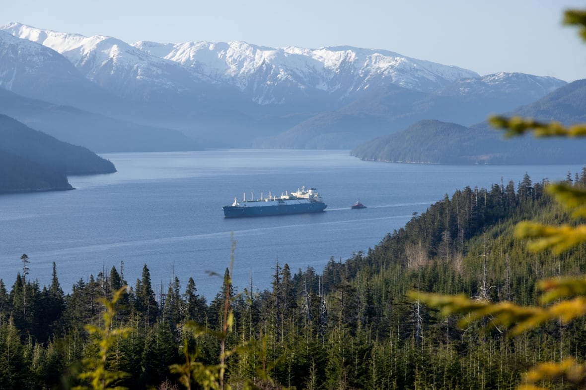 A distant shot of a freighter pulled by a tugboat.