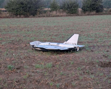 A damaged drone lies after falling in the eastern Polish village of Czosnówka, Poland.