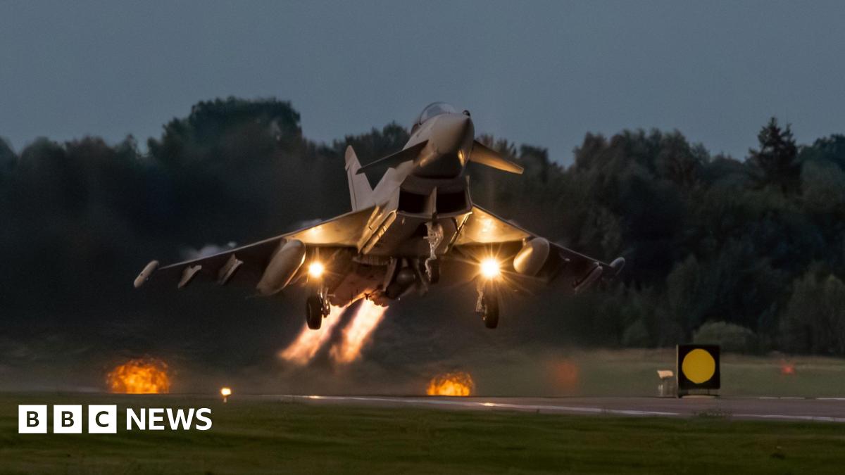 An RAF Typhoon fighter jet takes off