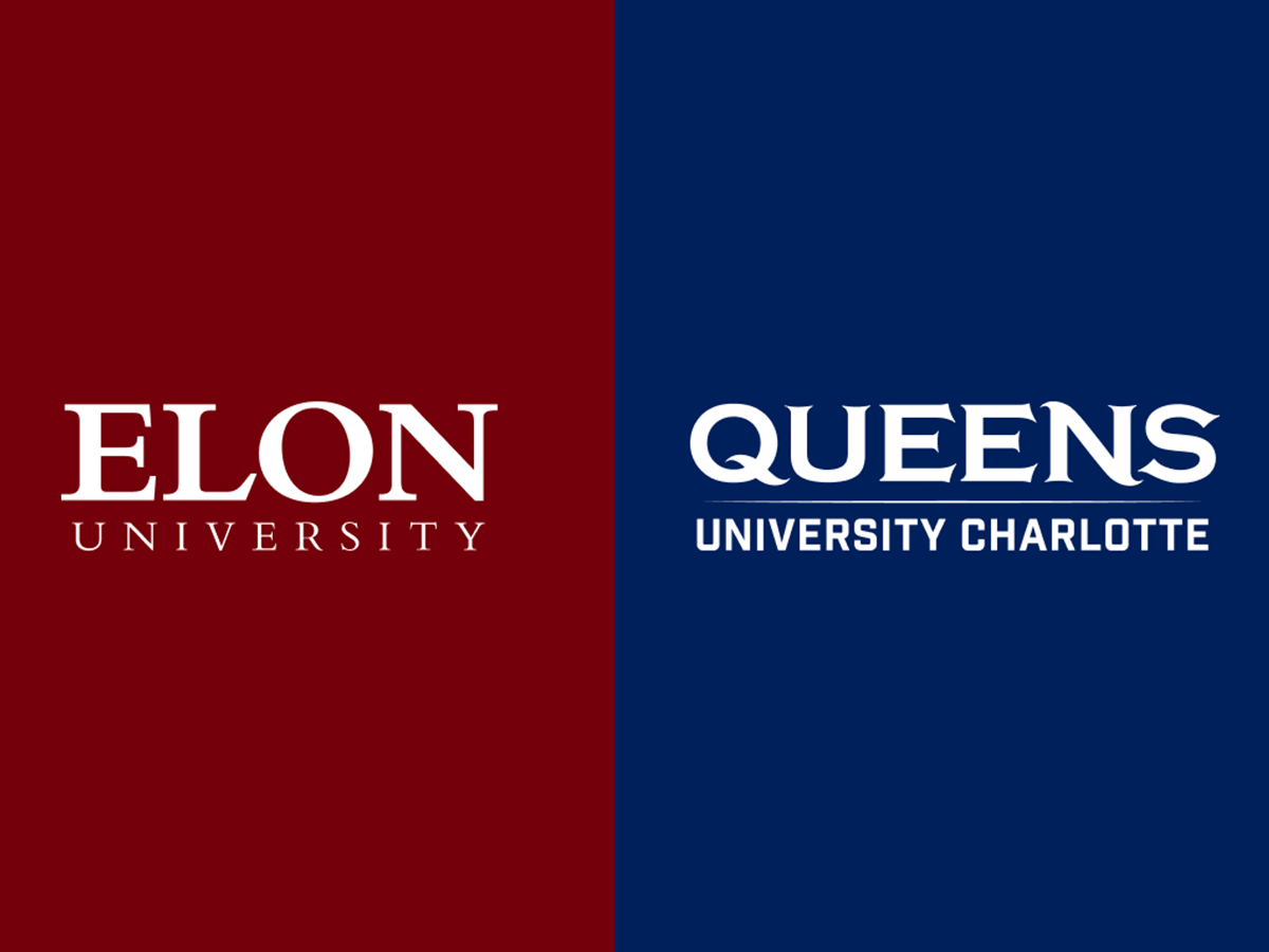 “Split graphic with Elon University logo on maroon background and Queens University of Charlotte logo on navy background.”