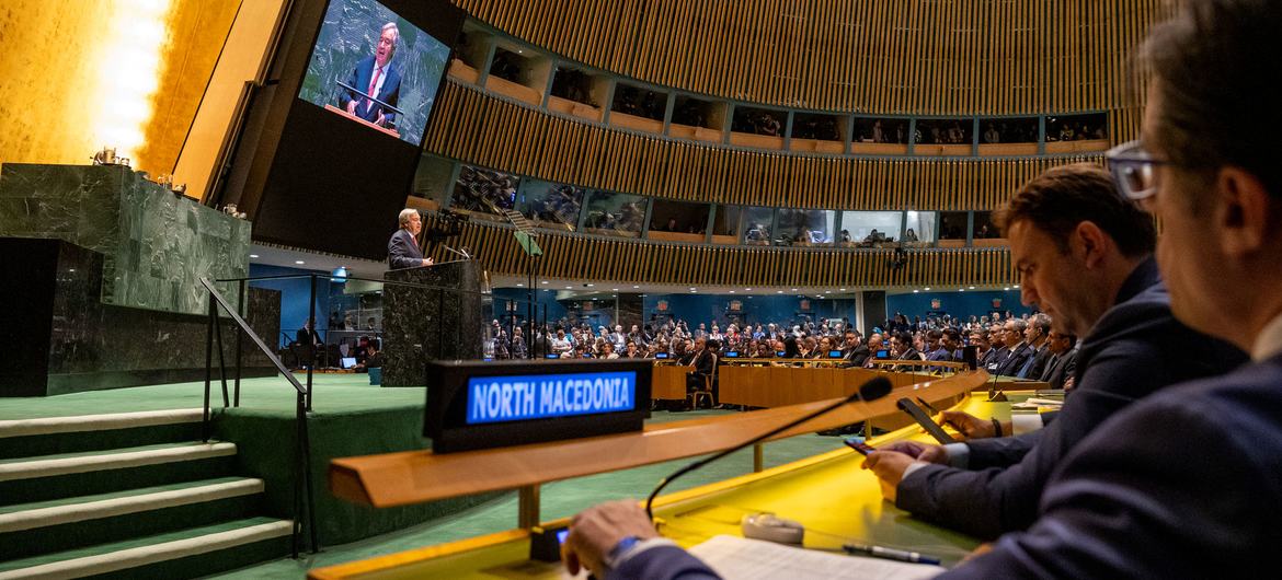 Delegates listen to the Secretary-General addressing the 78th session of the General Assembly.