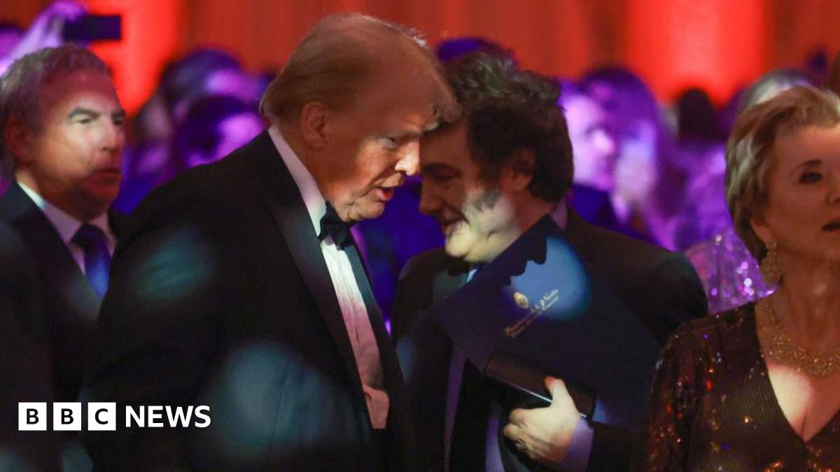 A close-up of Argentinian President Javier Milei's face, shown from the side,  against a blurred blue and yellow backdrop