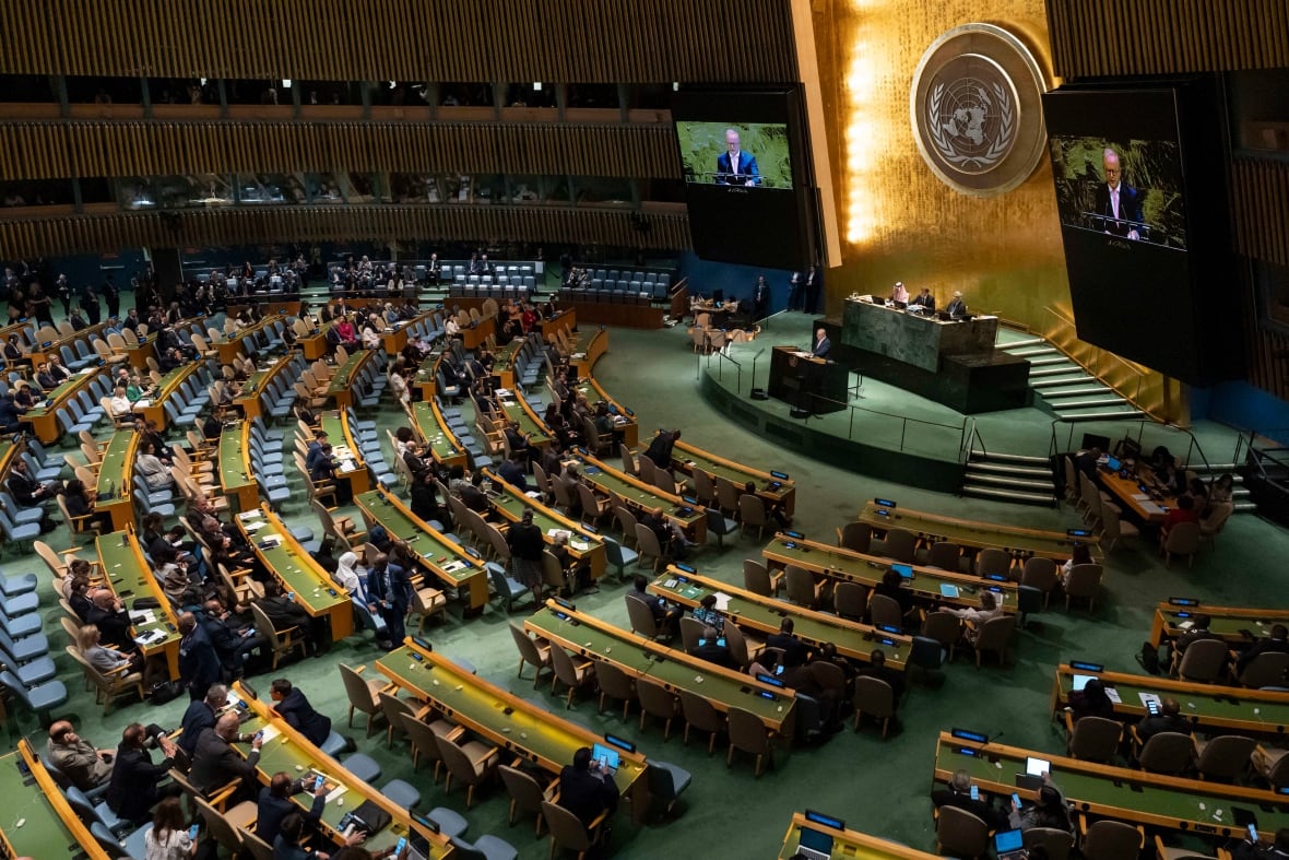A view of a chamber filled with rows and rows of seats is shown from an elevated view.