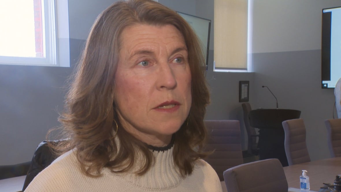 Kate Rogers speaks inside a room at Fredericton city hall.
