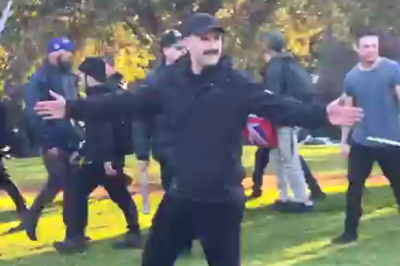 Neo-Nazi Thomas Sewell, from the National Socialist Network, goads people at Camp Sovereignty.