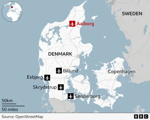 Map of Denmark showing airports in Jutland