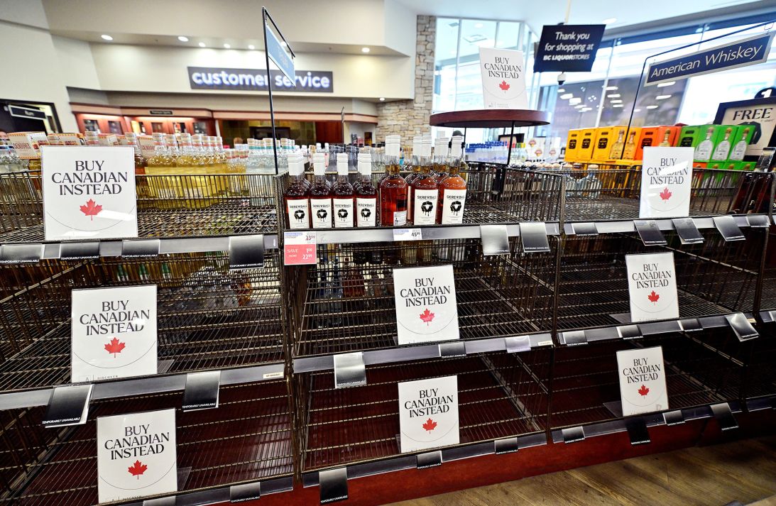 Tariffs -- and a resurgence of Canadian nationalism -- have bolstered the Buy Canadian Instead campaign whose signs are seen in BC Liquor in Vancouver.