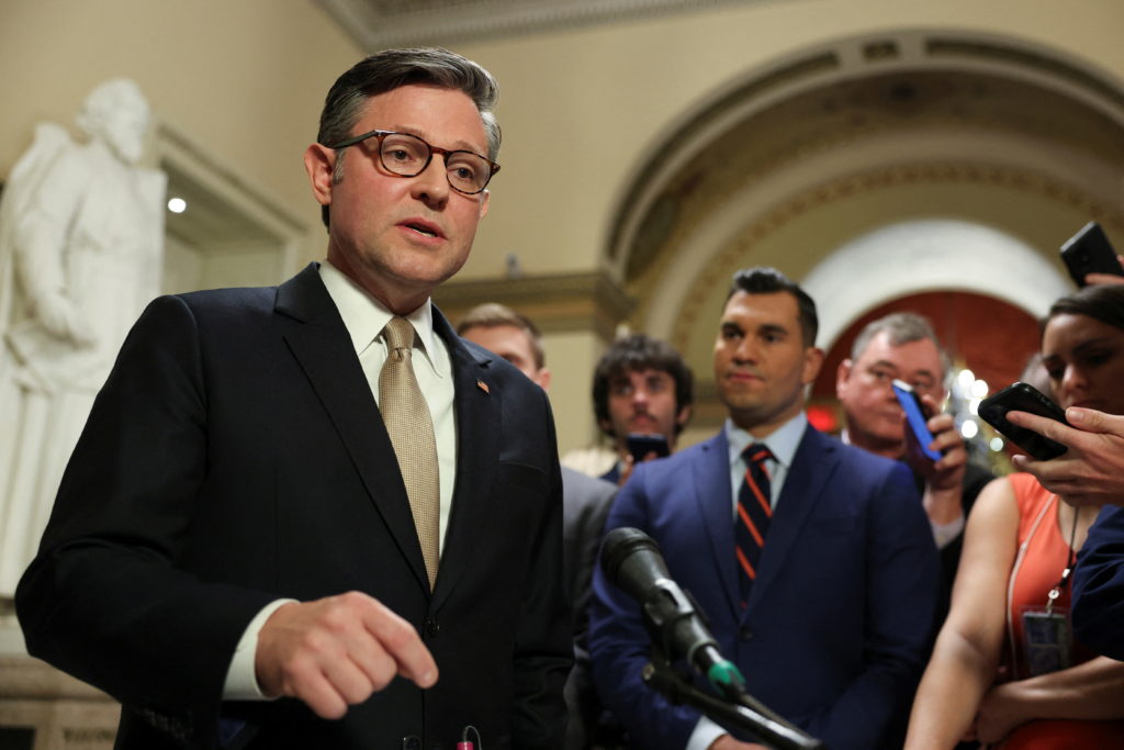U.S. House Speaker Johnson speaks to reporters at the Capitol in Washington