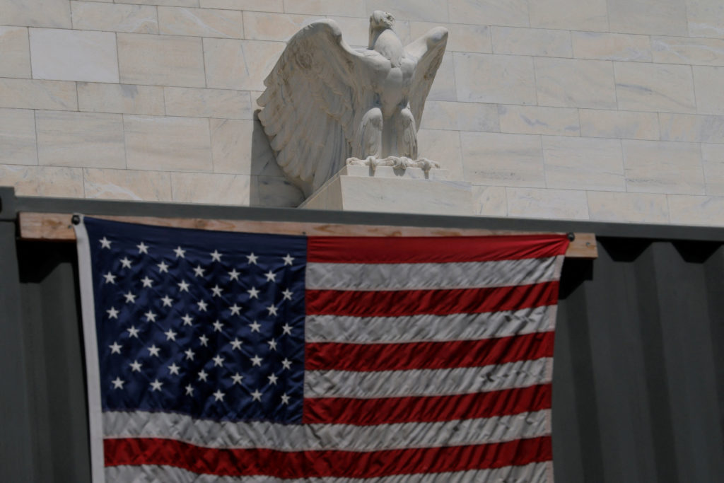 An eagle tops the U.S. Federal Reserve building's facade in Washington