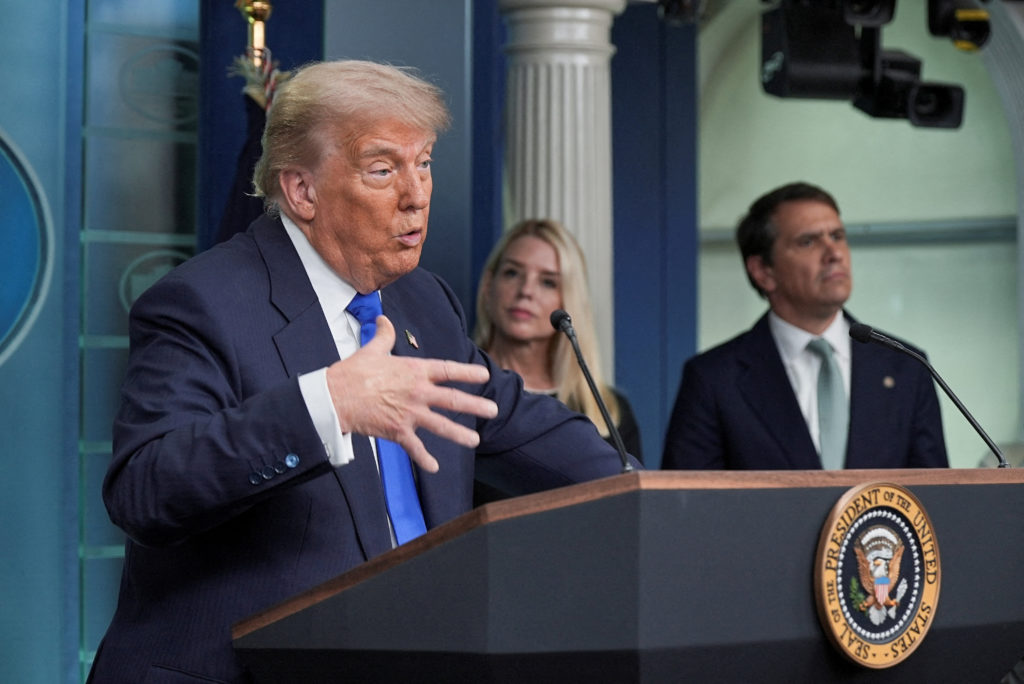 U.S. President Trump speaks to the media at the White House in Washington