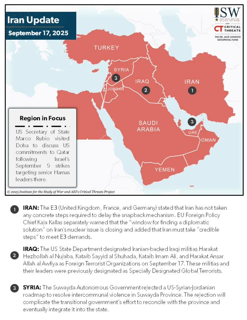 The Iran Update showing the regional focus. Text reads: U.S. Secretary of State Marco Rubio visited Doha to discuss US commitments to Qatar following Israel's September 9 strikes targeting senior Hamas leaders.