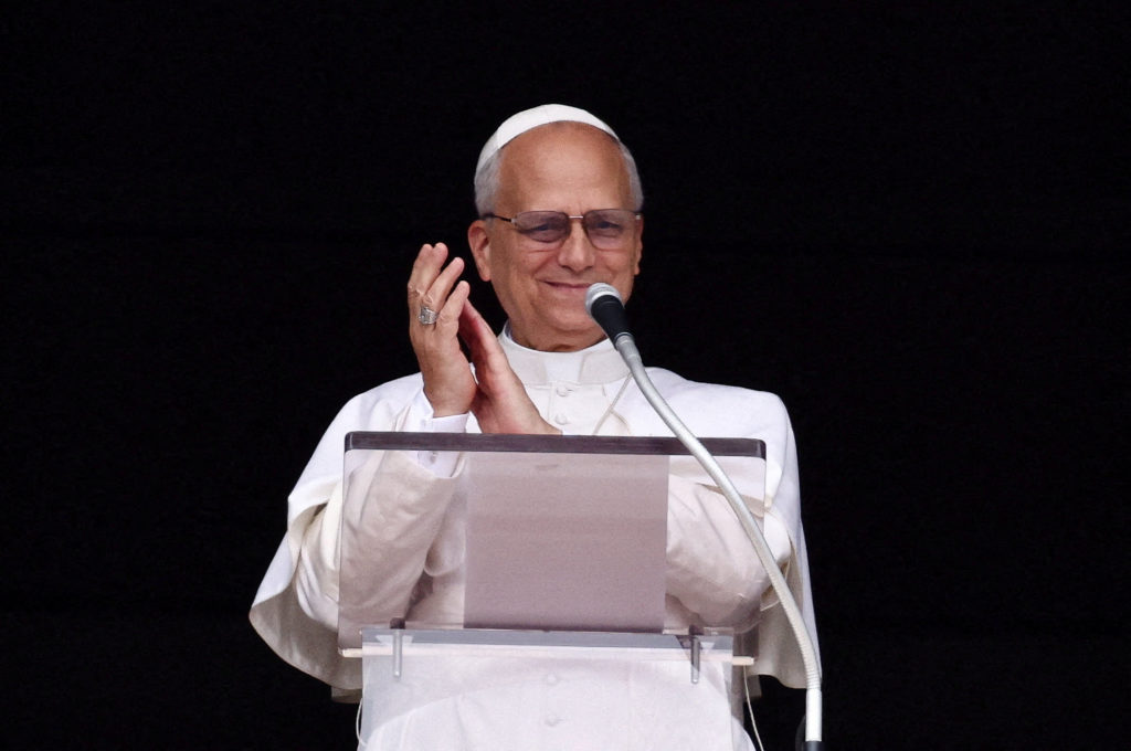 FILE PHOTO: Pope Leo XIV leads the Angelus prayer at the Vatican