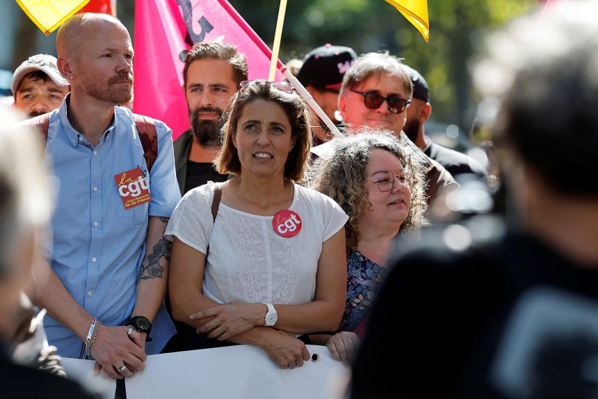 CGT union leader Sophie Binet demonstrates alongside the union in Paris during a day of nationwide strikes and protests on Thursday.