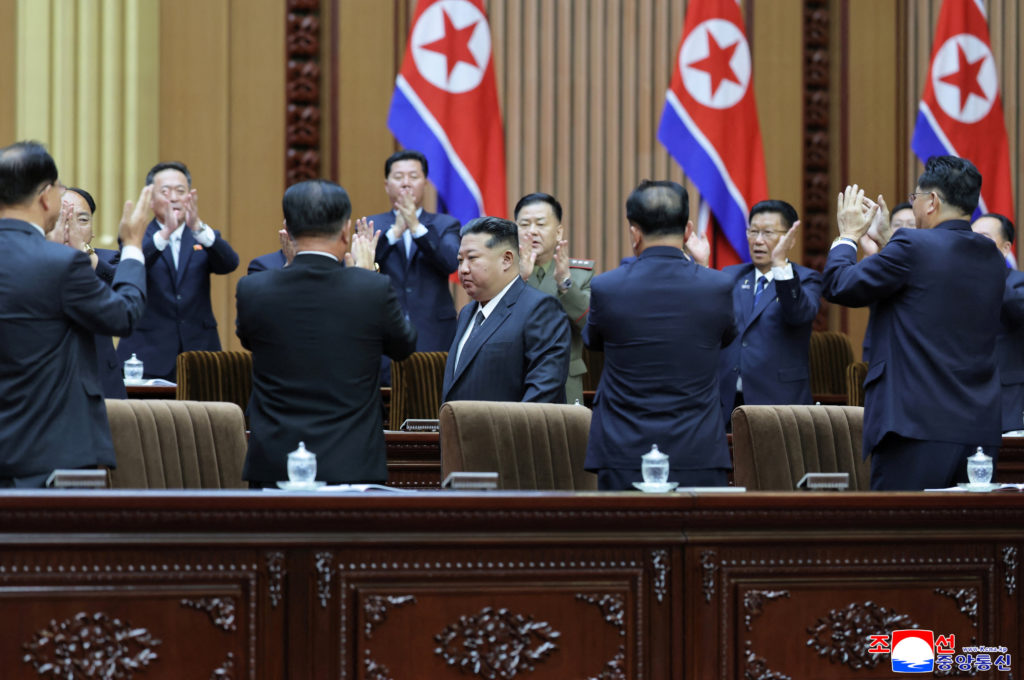 North Korean leader Kim Jong Un speaks during a meeting of the Supreme People's Assembly in Pyongyang