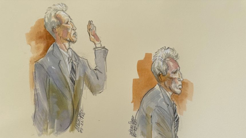 A sketch from the courtroom shows Ryan Routh being sworn in on Monday, September 22.