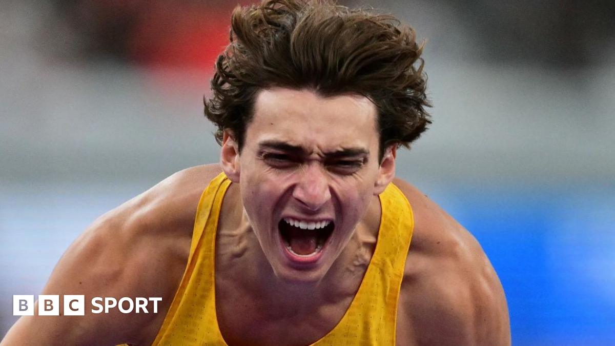 Armand Duplantis celebrates after breaking the world record in Tokyo