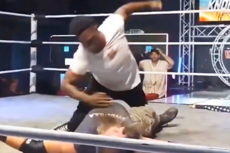 Raja Jackson assaults wrestler Syko Stu during a live streamed event. 