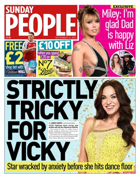 The headline on the front page of Sunday People reads: "Strictly Tricky for Vicky". 