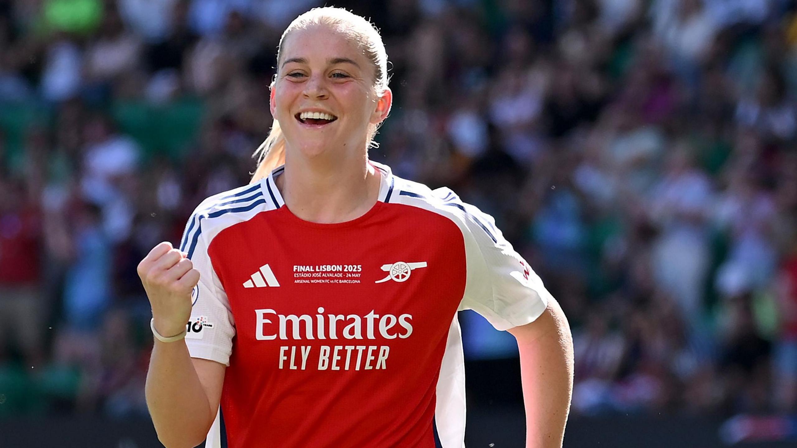 Alessia Russo celebrates as Arsenal score against Barcelona in the Women's Champions League final