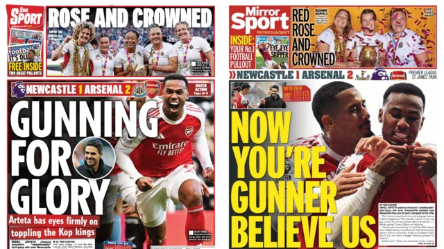 Back pages of Daily Star and Mirror as Gabriel clinches an Arsenal win at Newcastle